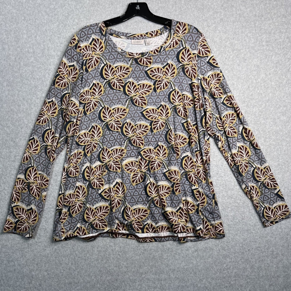 LOGO Lori Goldstein Tunic Top Womens L Long Sleeve Pullover Stretch Fall Leaves